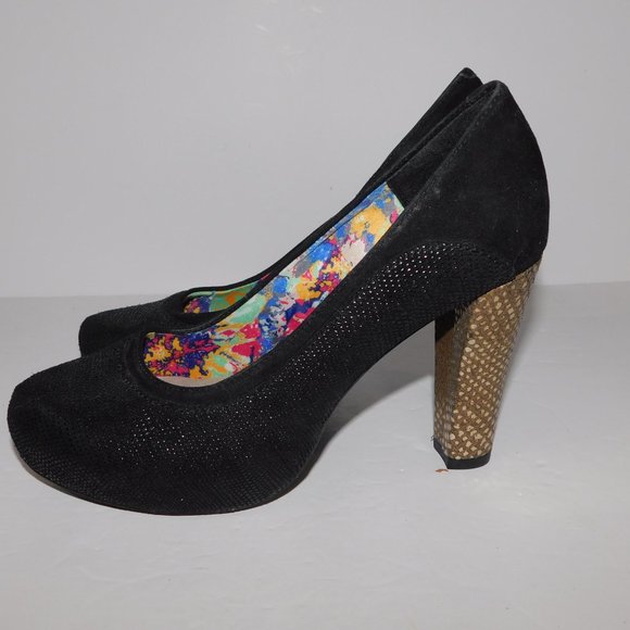 Hush Puppies Black sparkle Block platform Gold Scale Heels Shoe Womens 6.5 - Picture 4 of 10